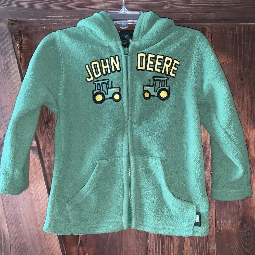 John Deere Hooded Jacket Coat Toddler 18m Green Full Zip Pockets Fleece Graphics